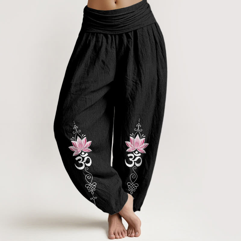 Buddha Stones Pantalon harem pour femme en coton à motif de fleur de lotus et inscription OM Sanskrit Design, taille élastique - Noir - US16，UK/AU20，EU48 (3XL) - image 5