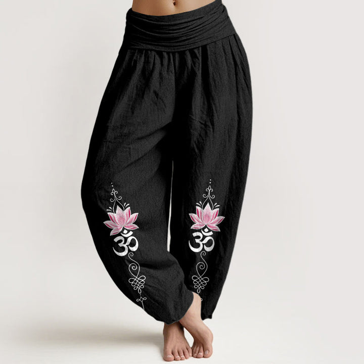 Buddha Stones Pantalon harem pour femme en coton à motif de fleur de lotus et inscription OM Sanskrit Design, taille élastique - Noir - US16，UK/AU20，EU48 (3XL) - image 5