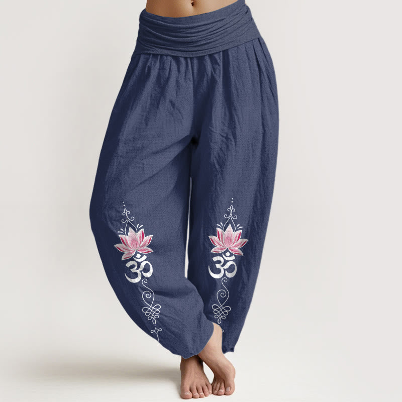 Buddha Stones Pantalon harem pour femme en coton à motif de fleur de lotus et inscription OM Sanskrit Design, taille élastique - Bleu ardoise foncé - US16，UK/AU20，EU48 (3XL) - image 8