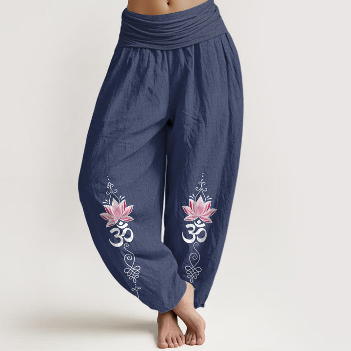 Buddha Stones Pantalon harem pour femme en coton à motif de fleur de lotus et inscription OM Sanskrit Design, taille élastique - Bleu ardoise foncé - US16，UK/AU20，EU48 (3XL) - image 8