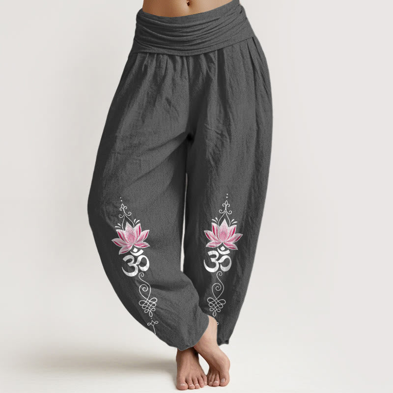 Buddha Stones Pantalon harem pour femme en coton à motif de fleur de lotus et inscription OM Sanskrit Design, taille élastique - Gris sombre - US16，UK/AU20，EU48 (3XL) - image 11