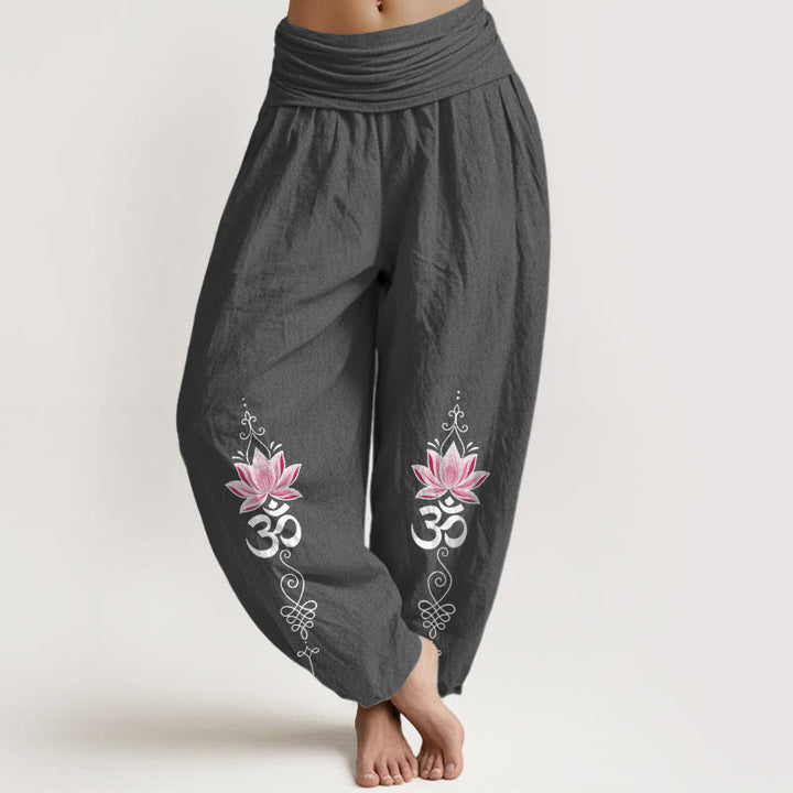 Buddha Stones Pantalon harem pour femme en coton à motif de fleur de lotus et inscription OM Sanskrit Design, taille élastique - Gris sombre - US16，UK/AU20，EU48 (3XL) - image 11