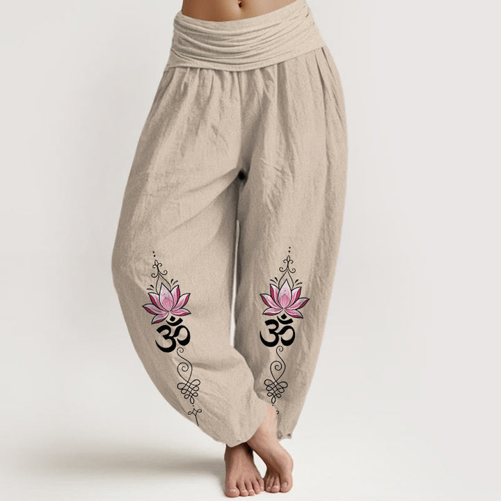 Buddha Stones Pantalon harem pour femme en coton à motif de fleur de lotus et inscription OM Sanskrit Design, taille élastique - Tanné - US16，UK/AU20，EU48 (3XL) - image 14