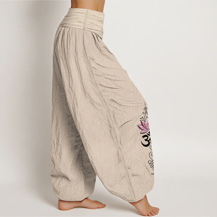Buddha Stones Pantalon harem pour femme en coton à motif de fleur de lotus et inscription OM Sanskrit Design, taille élastique - image 15