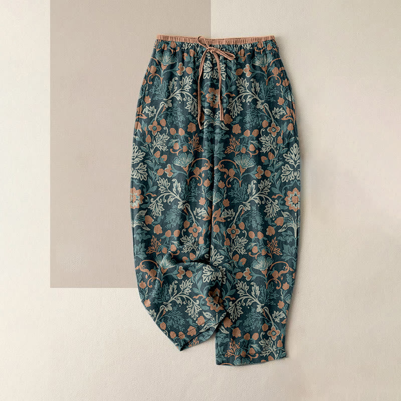 Buddha Stones Pantalon en coton décontracté à motif de fleurs et de feuilles de vigne, taille élastique et poches pour femme - CadetBlue - US16，UK/AU20，EU48 (3XL) - image 0