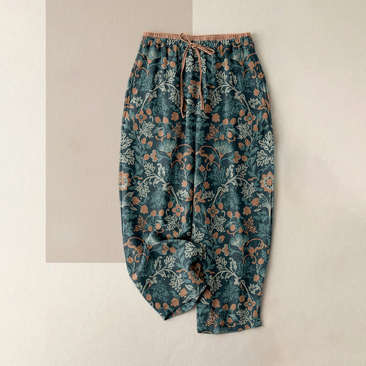Buddha Stones Pantalon en coton décontracté à motif de fleurs et de feuilles de vigne, taille élastique et poches pour femme - CadetBlue - US16，UK/AU20，EU48 (3XL) - image 0