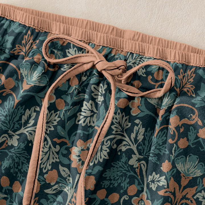 Buddha Stones Pantalon en coton décontracté à motif de fleurs et de feuilles de vigne, taille élastique et poches pour femme - image 1