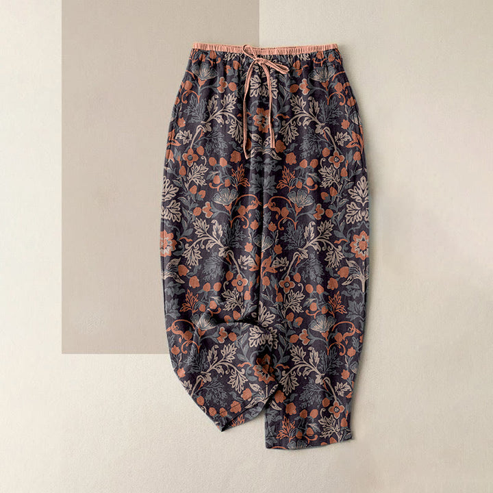 Buddha Stones Pantalon en coton décontracté à motif de fleurs et de feuilles de vigne, taille élastique et poches pour femme - RosyBrown - US16，UK/AU20，EU48 (3XL) - image 4