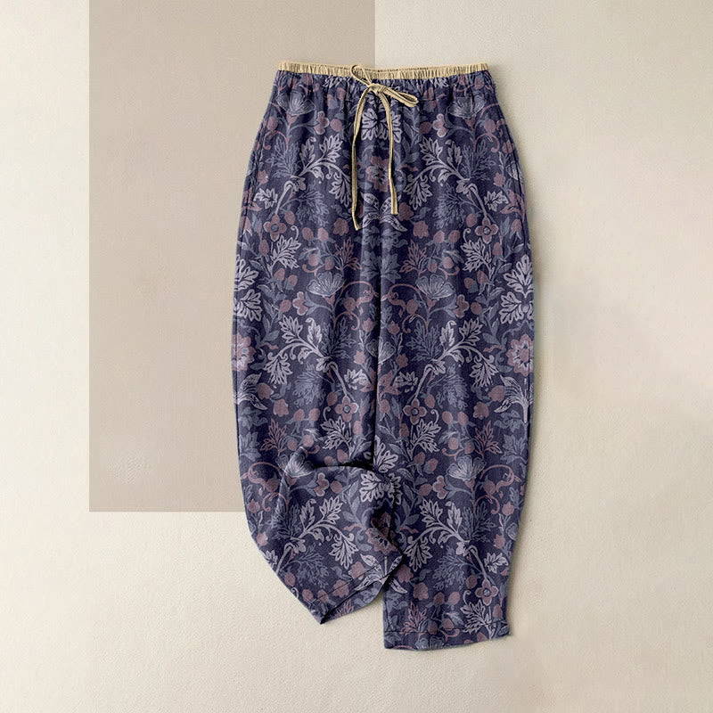 Buddha Stones Pantalon en coton décontracté à motif de fleurs et de feuilles de vigne, taille élastique et poches pour femme - Chardon - US16，UK/AU20，EU48 (3XL) - image 5