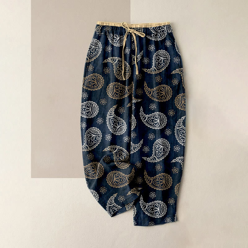 Buddha Stones Pantalon pour femme en pur coton, élégant motif cachemire, taille élastique et poches - Bleu foncé - US16，UK/AU20，EU48 (3XL) - image 0
