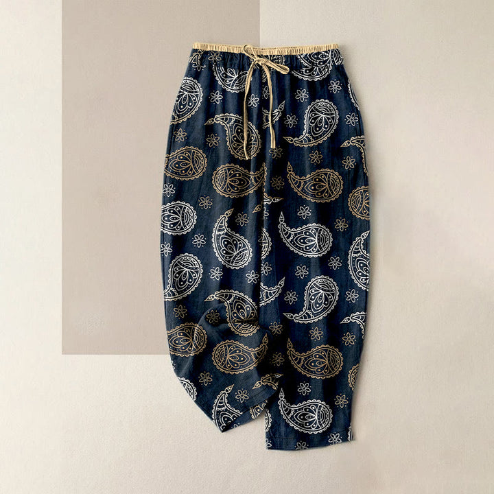 Buddha Stones Pantalon pour femme en pur coton, élégant motif cachemire, taille élastique et poches - Bleu foncé - US16，UK/AU20，EU48 (3XL) - image 0