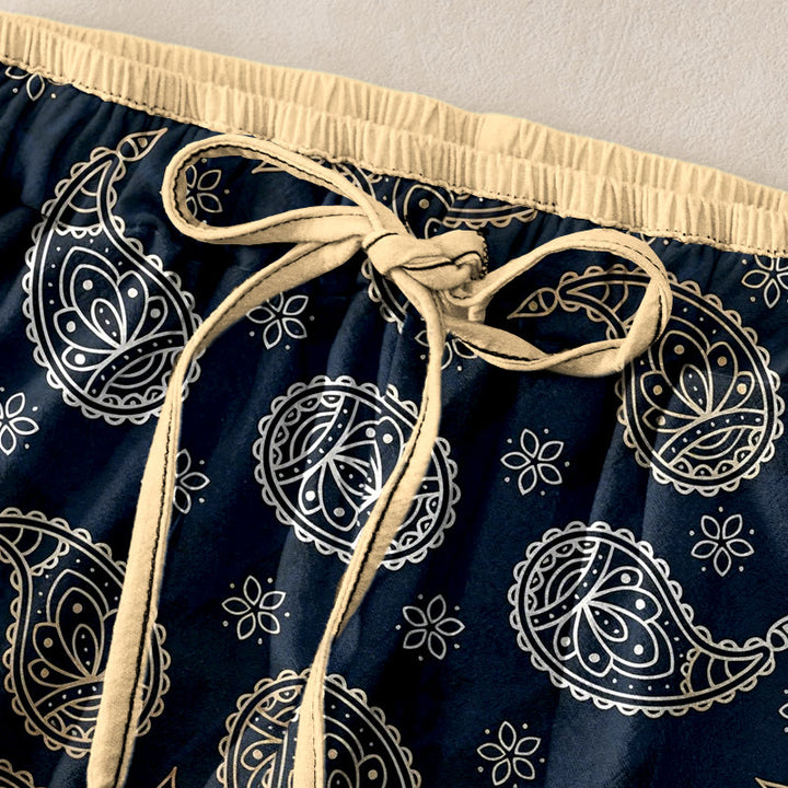 Buddha Stones Pantalon pour femme en pur coton, élégant motif cachemire, taille élastique et poches - image 1
