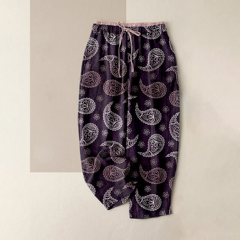 Buddha Stones Pantalon pour femme en pur coton, élégant motif cachemire, taille élastique et poches - Violet - US16，UK/AU20，EU48 (3XL) - image 4