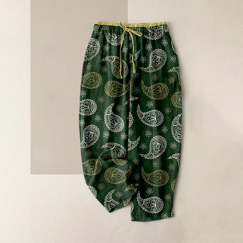 Buddha Stones Pantalon pour femme en pur coton, élégant motif cachemire, taille élastique et poches - Vert foncé - US16，UK/AU20，EU48 (3XL) - image 5