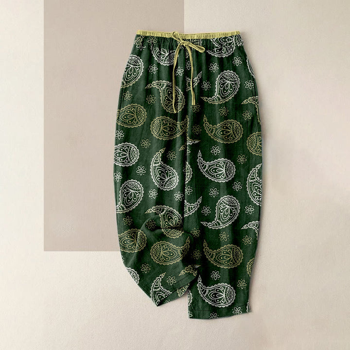 Buddha Stones Pantalon pour femme en pur coton, élégant motif cachemire, taille élastique et poches - Vert foncé - US16，UK/AU20，EU48 (3XL) - image 5