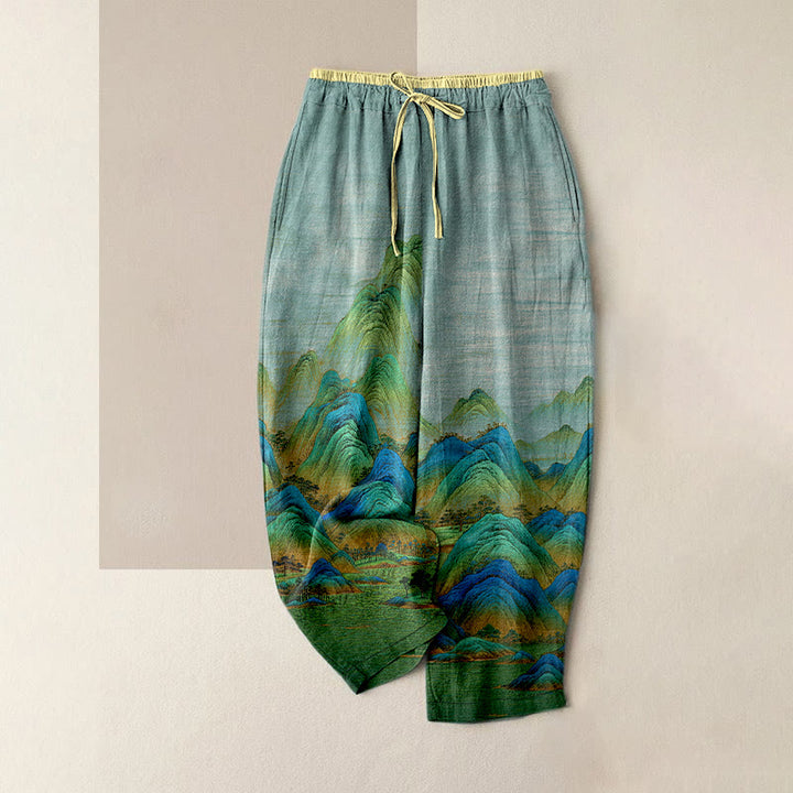 Buddha Stones Pantalon pour femme en pur coton, motif paysage naturel, taille élastique et poches - Turquoise pâle - US16，UK/AU20，EU48 (3XL) - image 0