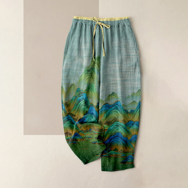 Buddha Stones Pantalon pour femme en pur coton, motif paysage naturel, taille élastique et poches - Turquoise pâle - US16，UK/AU20，EU48 (3XL) - image 0