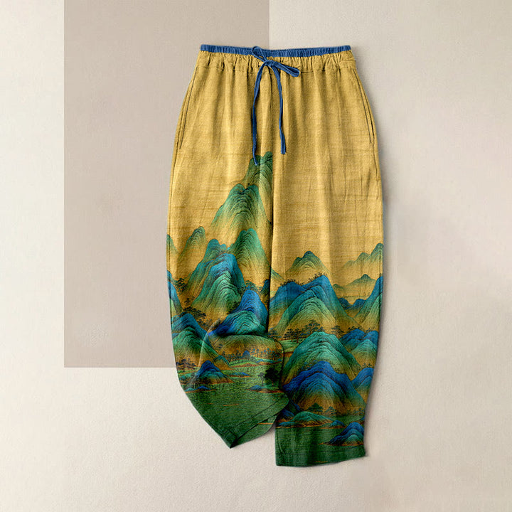 Buddha Stones Pantalon pour femme en pur coton, motif paysage naturel, taille élastique et poches - verge d'or - US16，UK/AU20，EU48 (3XL) - image 5