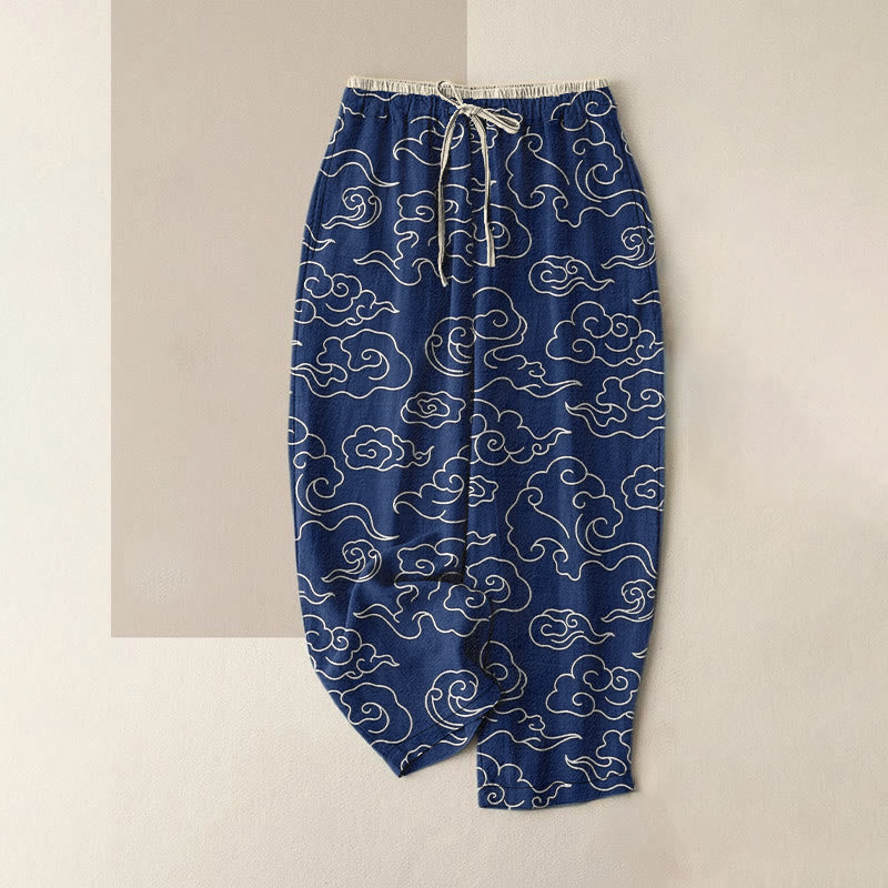 Buddha Stones Pantalon pour femme en pur coton, décontracté, à motif nuage porte-bonheur, taille élastique et poches - Bleu nuit - US16，UK/AU20，EU48 (3XL) - image 0