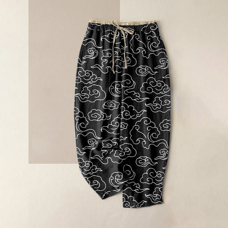 Buddha Stones Pantalon pour femme en pur coton, décontracté, à motif nuage porte-bonheur, taille élastique et poches - Noir - US16，UK/AU20，EU48 (3XL) - image 4