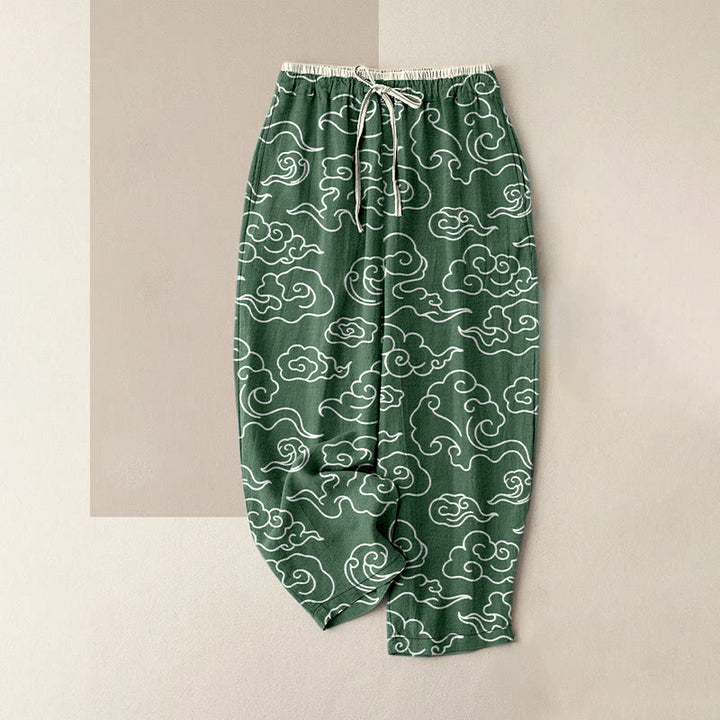 Buddha Stones Pantalon pour femme en pur coton, décontracté, à motif nuage porte-bonheur, taille élastique et poches - Vert foncé - US16，UK/AU20，EU48 (3XL) - image 5