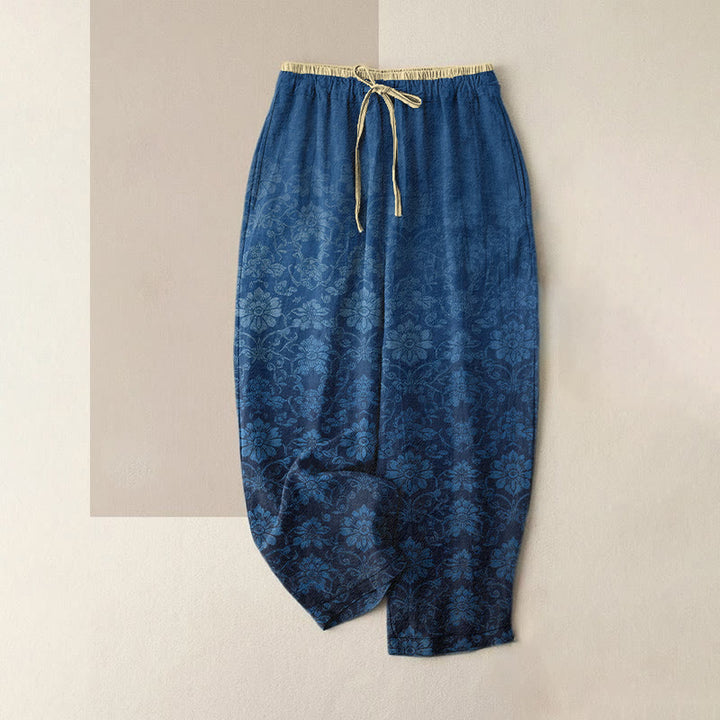 Buddha Stones Pantalon pour femme en pur coton, motif floral rétro décoratif, taille élastique et poches - SteelBlue - US16，UK/AU20，EU48 (3XL) - image 0