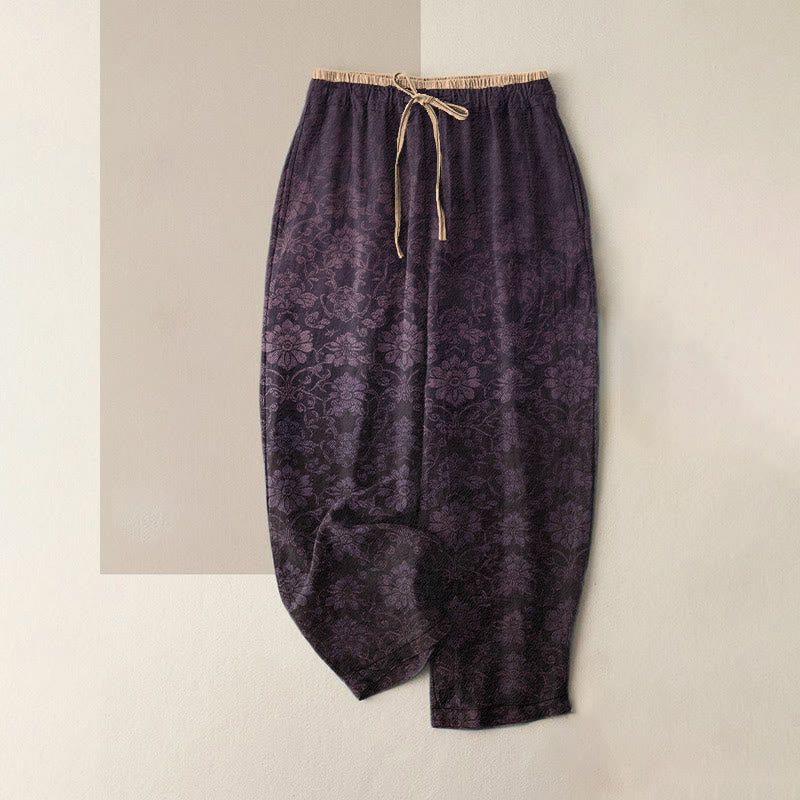 Buddha Stones Pantalon pour femme en pur coton, motif floral rétro décoratif, taille élastique et poches - Violet - US16，UK/AU20，EU48 (3XL) - image 4