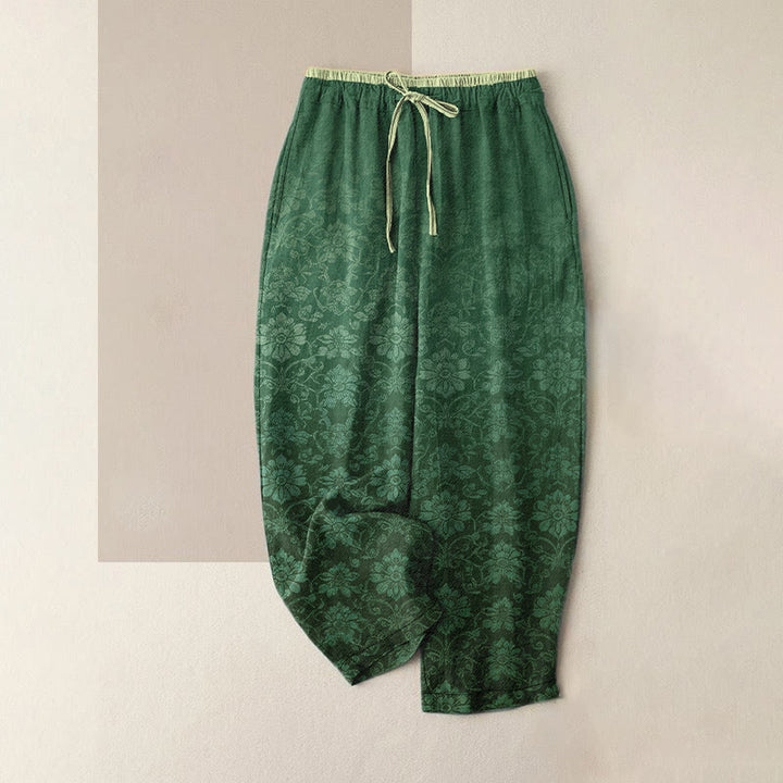 Buddha Stones Pantalon pour femme en pur coton, motif floral rétro décoratif, taille élastique et poches - Vert d'eau - US16，UK/AU20，EU48 (3XL) - image 5