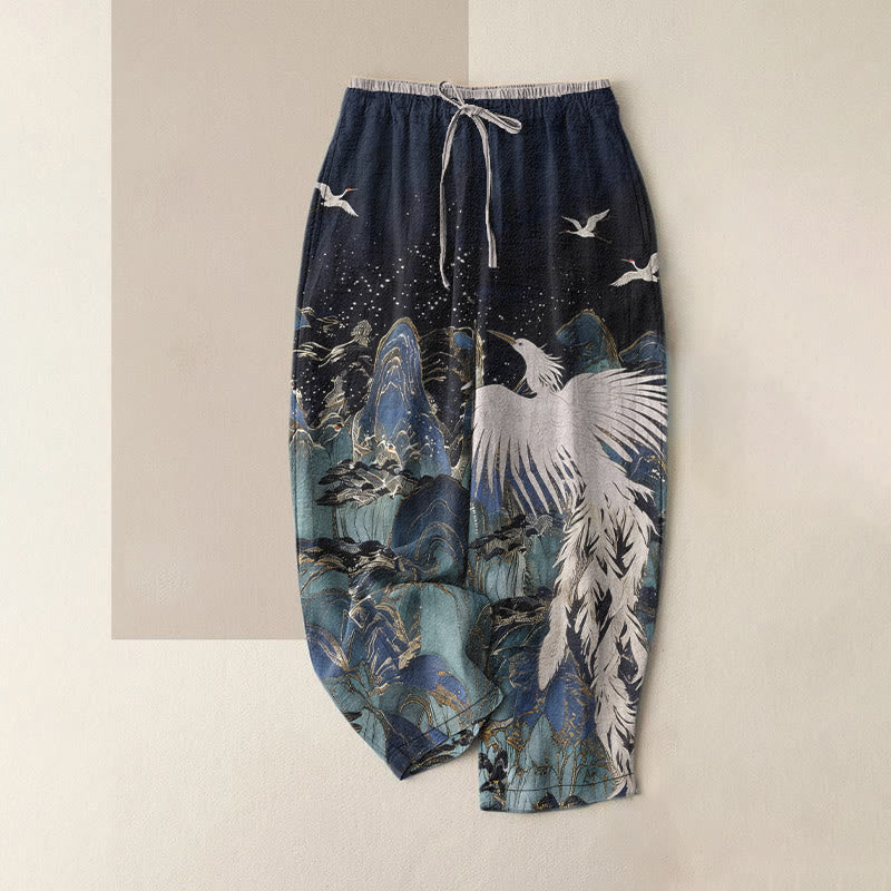 Buddha Stones Pantalon pour femme en pur coton, motif grues et paysage de bon augure, taille élastique et poches - Bleu nuit - US16，UK/AU20，EU48 (3XL) - image 0