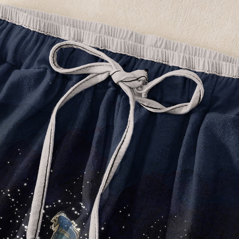 Buddha Stones Pantalon pour femme en pur coton, motif grues et paysage de bon augure, taille élastique et poches - image 1