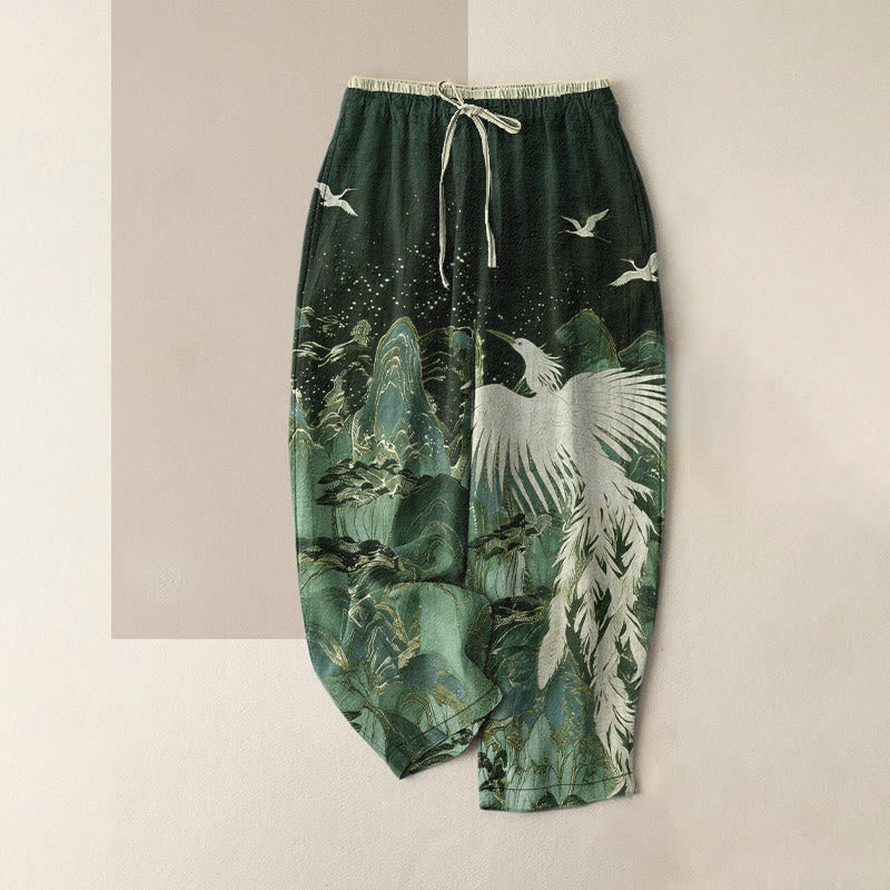 Buddha Stones Pantalon pour femme en pur coton, motif grues et paysage de bon augure, taille élastique et poches - Gris ardoise foncé - US16，UK/AU20，EU48 (3XL) - image 4