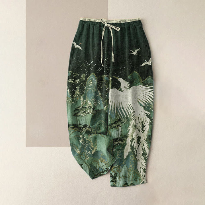 Buddha Stones Pantalon pour femme en pur coton, motif grues et paysage de bon augure, taille élastique et poches - Gris ardoise foncé - US16，UK/AU20，EU48 (3XL) - image 4