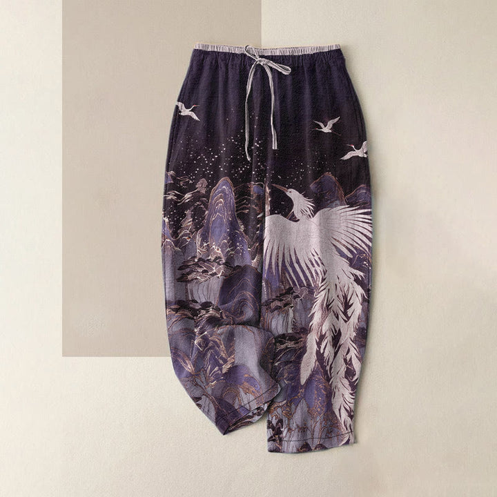 Buddha Stones Pantalon pour femme en pur coton, motif grues et paysage de bon augure, taille élastique et poches - Indigo - US16，UK/AU20，EU48 (3XL) - image 5