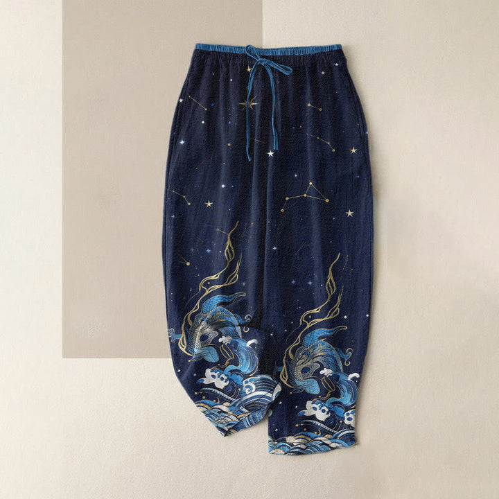 Buddha Stones Pantalon pour femme en pur coton, taille élastique et poches, motif ciel étoilé, océan et créatures mythiques - Bleu nuit - US16，UK/AU20，EU48 (3XL) - image 0
