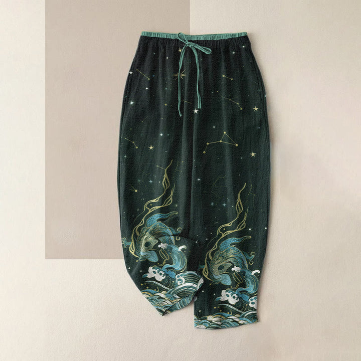 Buddha Stones Pantalon pour femme en pur coton, taille élastique et poches, motif ciel étoilé, océan et créatures mythiques - Sarcelle - US16，UK/AU20，EU48 (3XL) - image 4