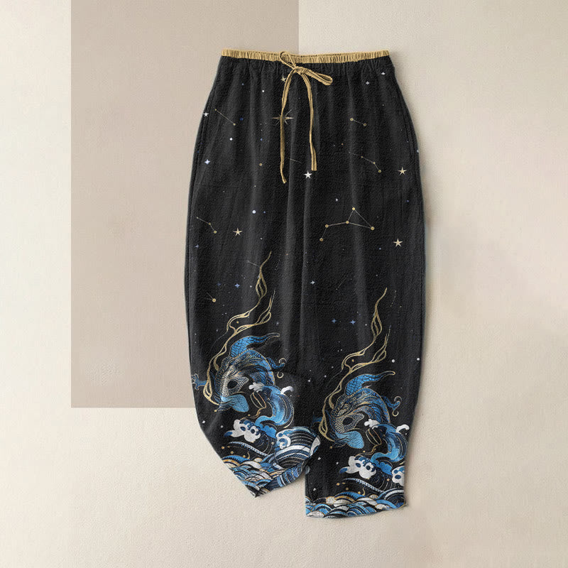 Buddha Stones Pantalon pour femme en pur coton, taille élastique et poches, motif ciel étoilé, océan et créatures mythiques - Noir - US16，UK/AU20，EU48 (3XL) - image 5