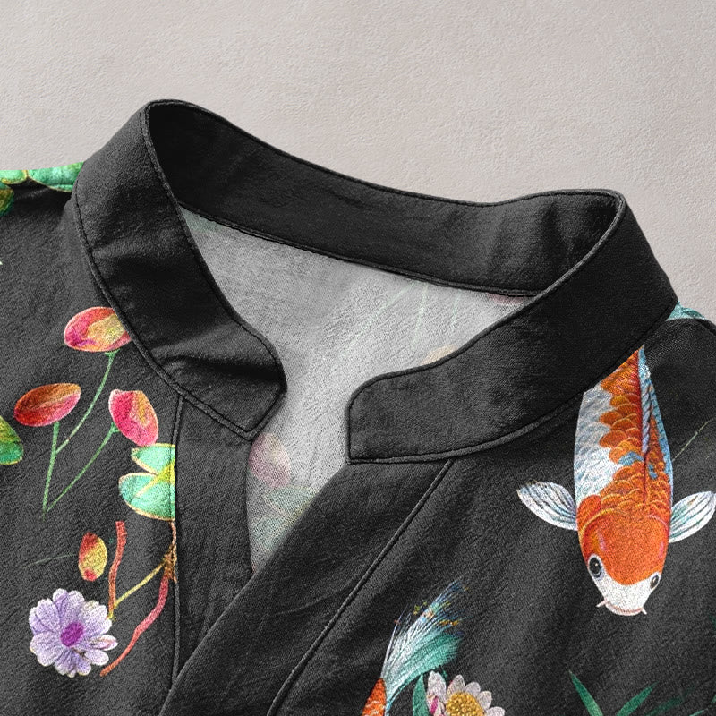 Buddha Stones Chemise homme à manches courtes et demi-boutonnée, motif carpes koï et lotus - image 2
