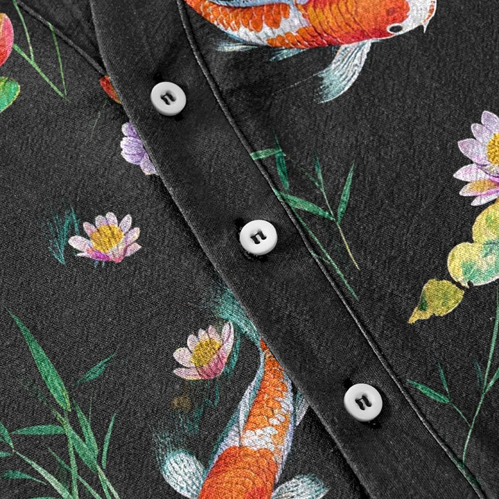Buddha Stones Chemise homme à manches courtes et demi-boutonnée, motif carpes koï et lotus - image 3
