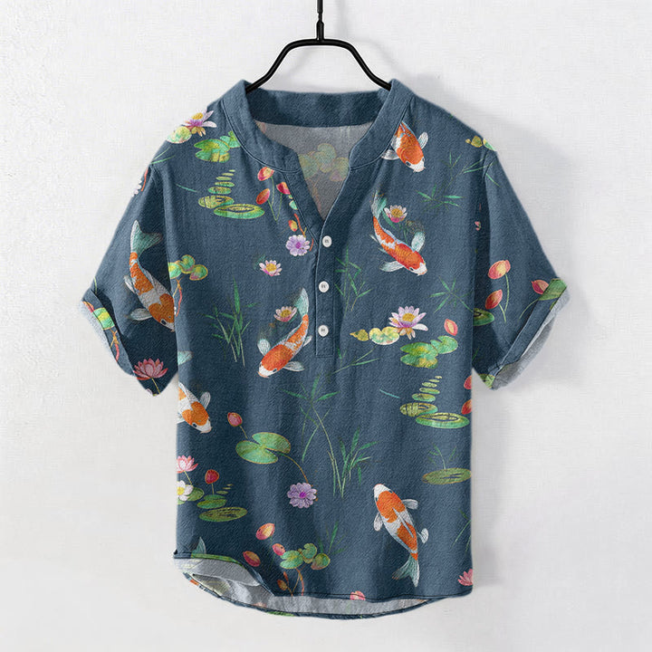 Buddha Stones Chemise homme à manches courtes et demi-boutonnée, motif carpes koï et lotus - SteelBlue - US/UK/AU50，EU60 (5XL) - image 4