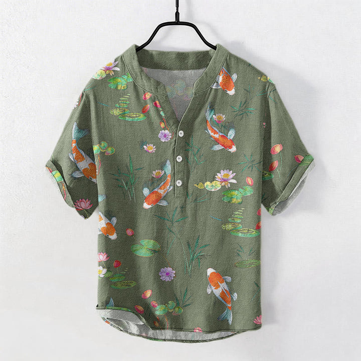 Buddha Stones Chemise homme à manches courtes et demi-boutonnée, motif carpes koï et lotus - Vert foncé - US/UK/AU50，EU60 (5XL) - image 6