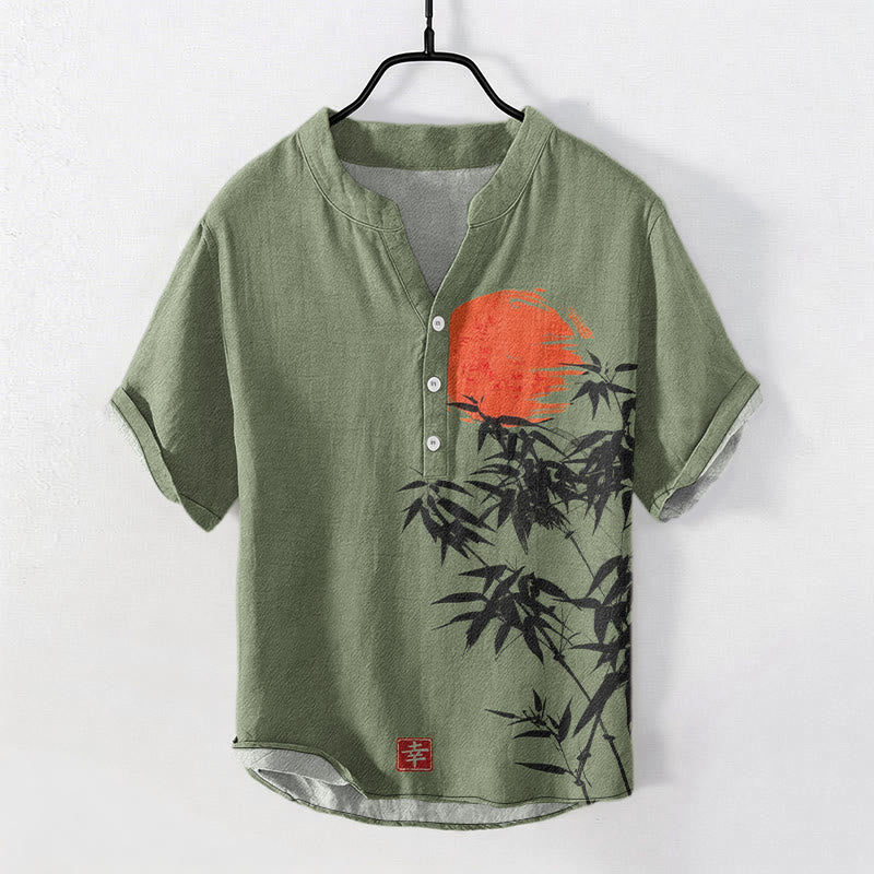 Buddha Stones Chemise homme à manches courtes et demi-boutonnée en coton rouge uni à motif bambou et soleil - Vert foncé - US/UK/AU50，EU60 (5XL) - image 0