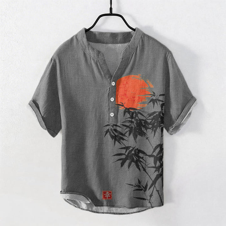 Buddha Stones Chemise homme à manches courtes et demi-boutonnée en coton rouge uni à motif bambou et soleil - Gris - US/UK/AU50，EU60 (5XL) - image 4