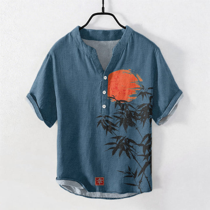 Buddha Stones Chemise homme à manches courtes et demi-boutonnée en coton rouge uni à motif bambou et soleil - SteelBlue - US/UK/AU50，EU60 (5XL) - image 6
