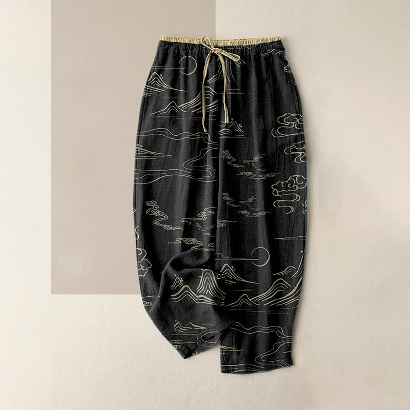 Buddha Stones Pantalon en coton décontracté pour femme, motif montagne, lune et nuages ​​porte-bonheur, taille élastique et poches - Noir - US16，UK/AU20，EU48 (3XL) - image 0
