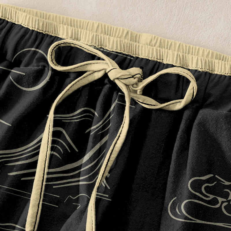 Buddha Stones Pantalon en coton décontracté pour femme, motif montagne, lune et nuages ​​porte-bonheur, taille élastique et poches - image 1