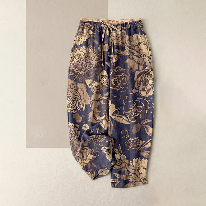 Buddha Stones Pantalon en coton décontracté à motif de pivoines et de feuilles, taille élastique et poches pour femme - Gris sombre - US16，UK/AU20，EU48 (3XL) - image 0