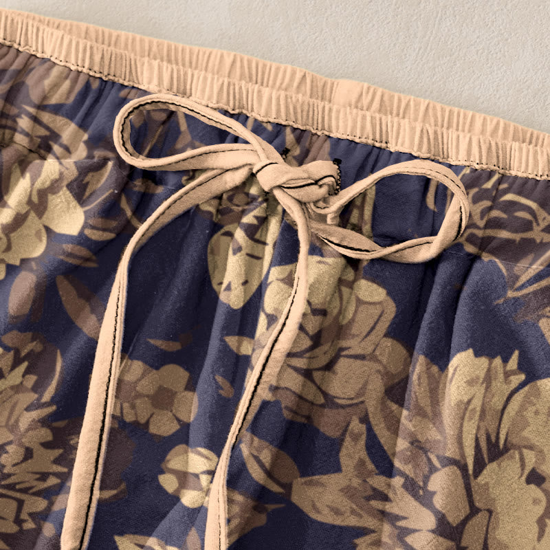 Buddha Stones Pantalon en coton décontracté à motif de pivoines et de feuilles, taille élastique et poches pour femme - image 1