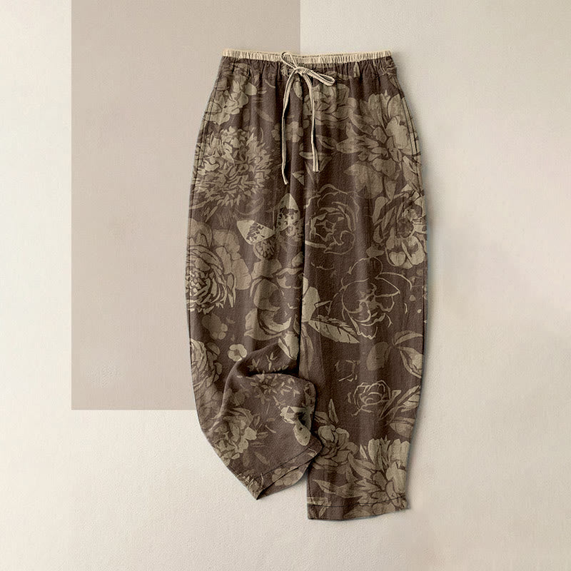 Buddha Stones Pantalon en coton décontracté à motif de pivoines et de feuilles, taille élastique et poches pour femme - Tanné - US16，UK/AU20，EU48 (3XL) - image 4