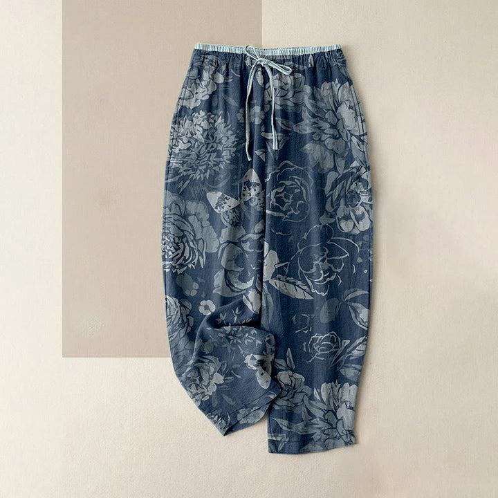 Buddha Stones Pantalon en coton décontracté à motif de pivoines et de feuilles, taille élastique et poches pour femme - Bleu ciel - US16，UK/AU20，EU48 (3XL) - image 5