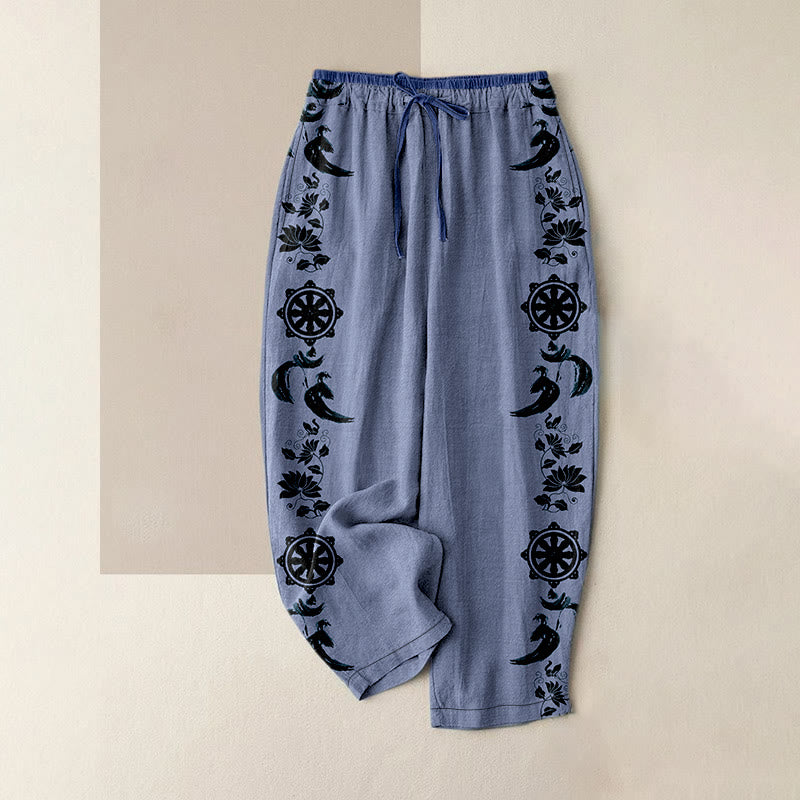 Buddha Stones Pantalon en coton décontracté pour femme, motif lotus OM et roue du Dharma, taille élastique et poches - Bleuet - US16，UK/AU20，EU48 (3XL) - image 0